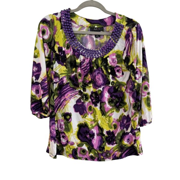 Style & Co Tops - Style & Co Floral Print Beaded Neckline Blouse S Womens Polyester/Spandex Purple